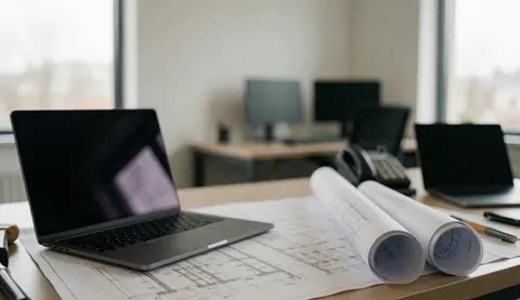 Modern desk featuring architectural blueprints and a laptop, suitable for engineering and design projects.