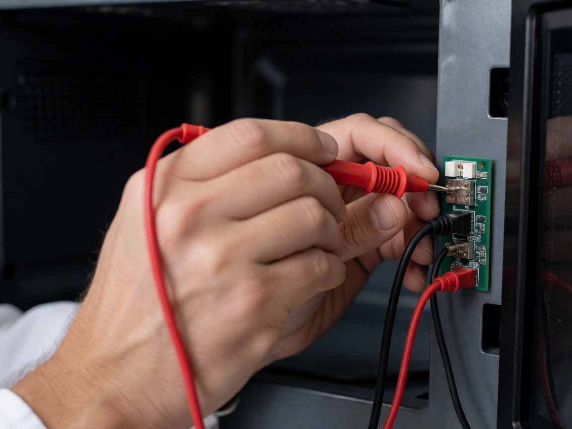 Close-up of technician hands using a multimeter to measure voltage on a microwave circuit board inside the appliance