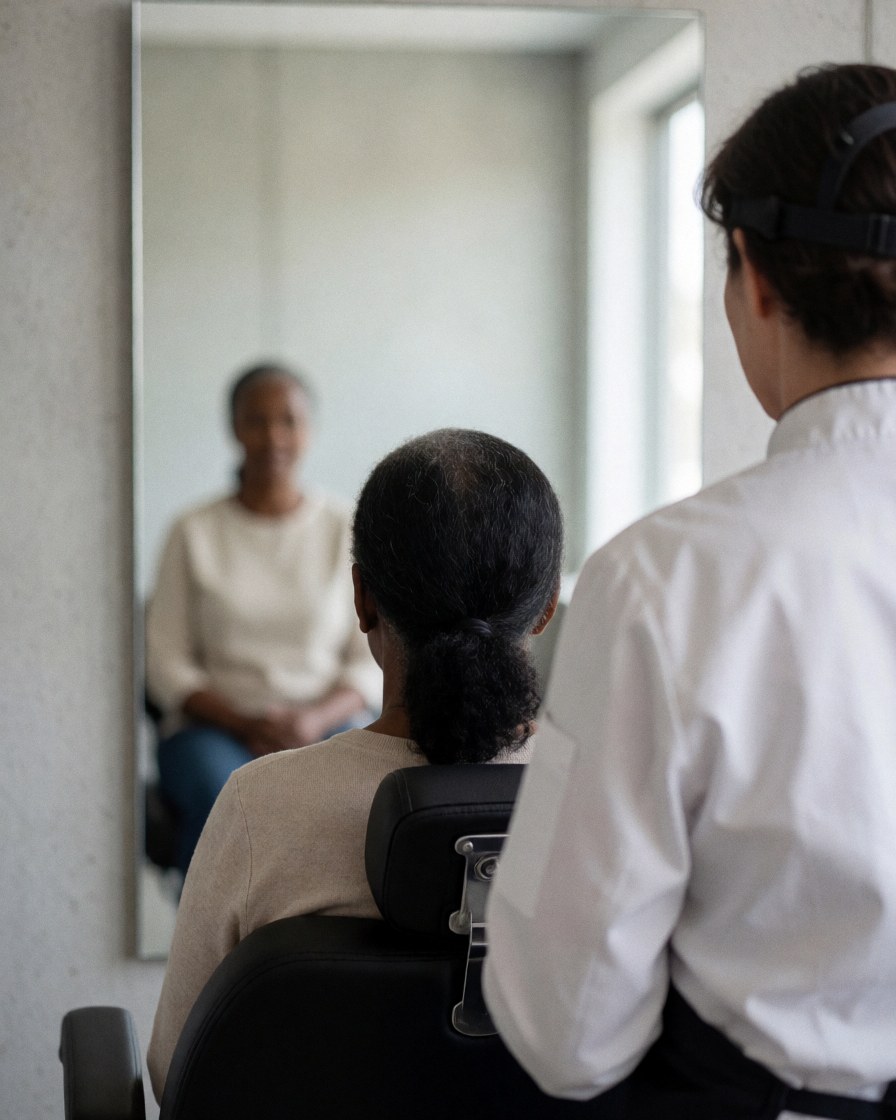 Satisfied customer seated in treatment chair viewing reflection in large mirror while professional stands nearby in clean salon setting