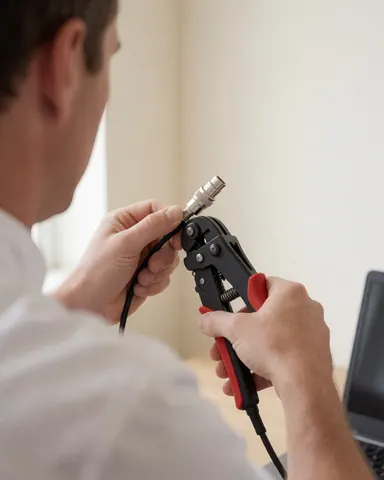 Technician crimping a silver F connector onto a coaxial cable with a specialized tool, viewed from behind against a warm white wall.