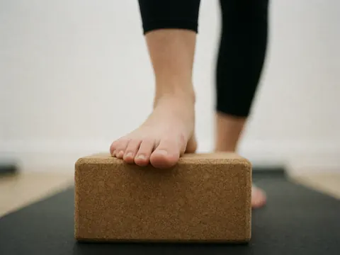 Bare feet resting on a cork yoga block in a studio with a white background, highlighting balance and wellness details.