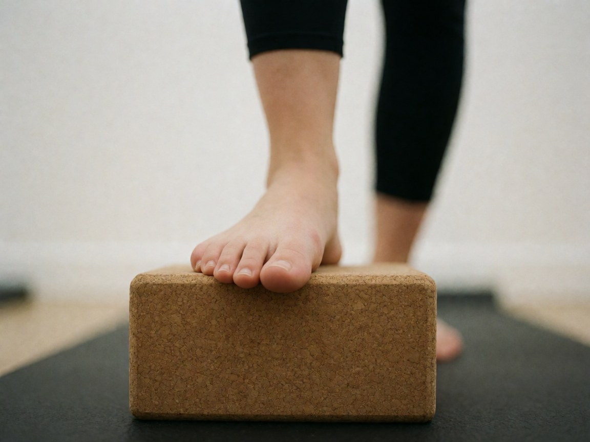 Bare feet resting on a cork yoga block in a studio with a white background, highlighting balance and wellness details.