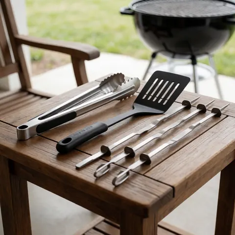 Outdoor kitchen tools including tongs, spatula, and brushes on a rustic wooden table with a charcoal grill in the background, ideal for vacation rental properties.