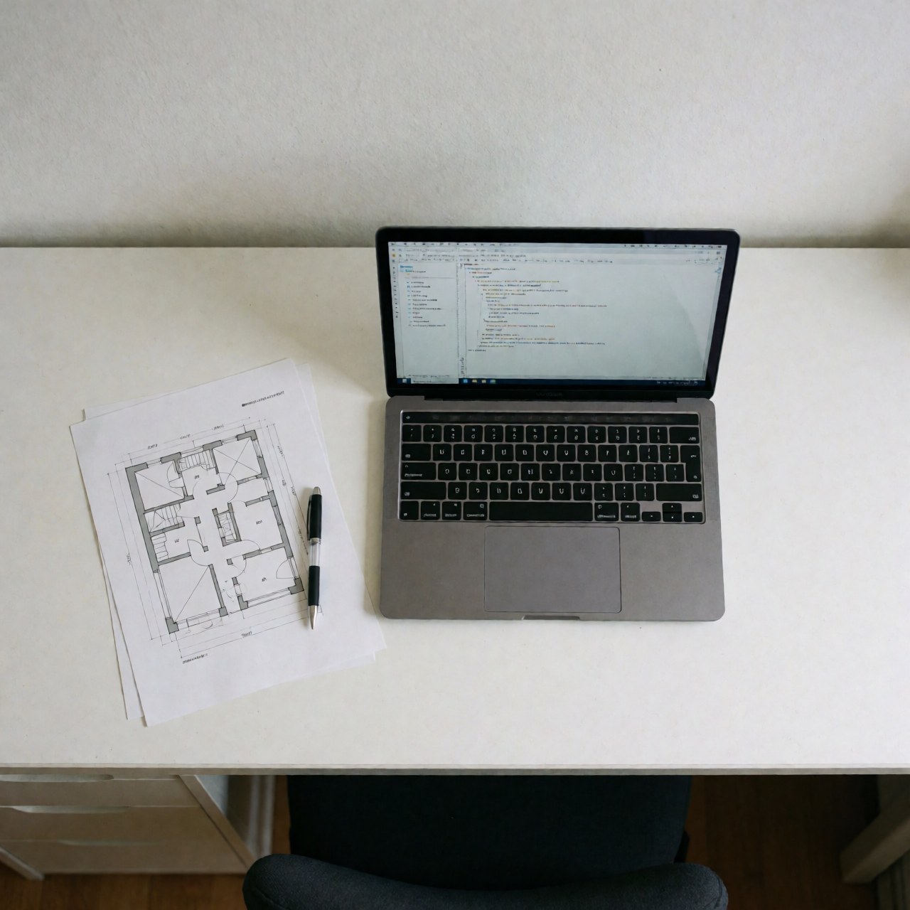 Open laptop displaying a code editor next to a printed architectural blueprint on a white desk, suitable for programming courses.