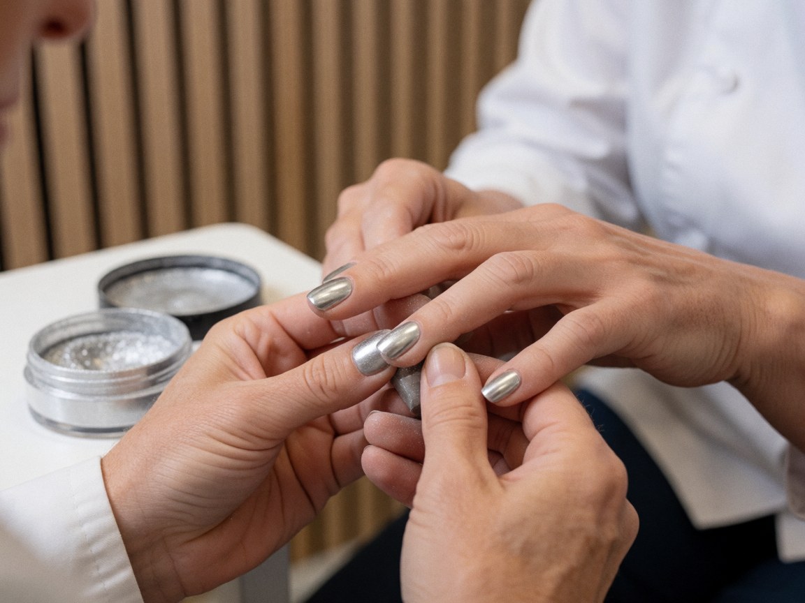 Professional manicure applying metallic powder to nails with tools and light wood walls in the background