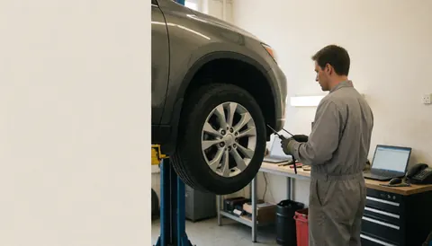 Technician in uniform repairing an SUV tire on a lift in a white-walled garage with copy space
