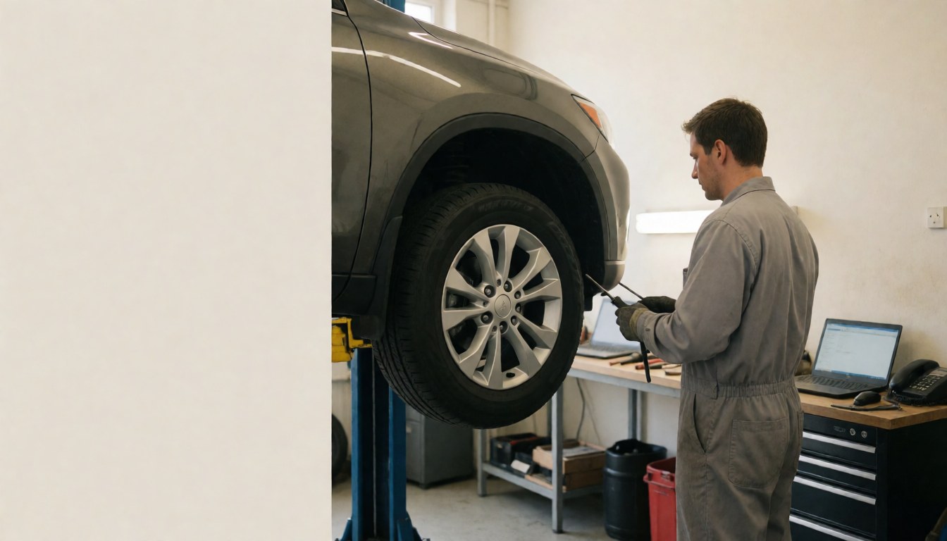 Technician in uniform repairing an SUV tire on a lift in a white-walled garage with copy space
