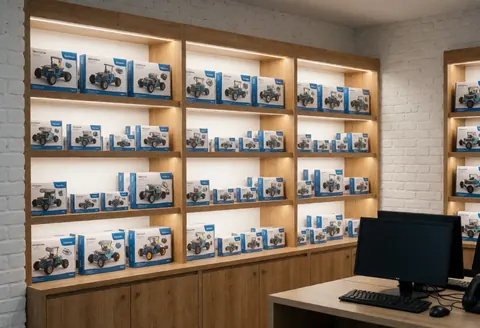 Wooden shelves displaying organized robotics kit boxes in a clean, professional store with white brick walls and recessed lighting