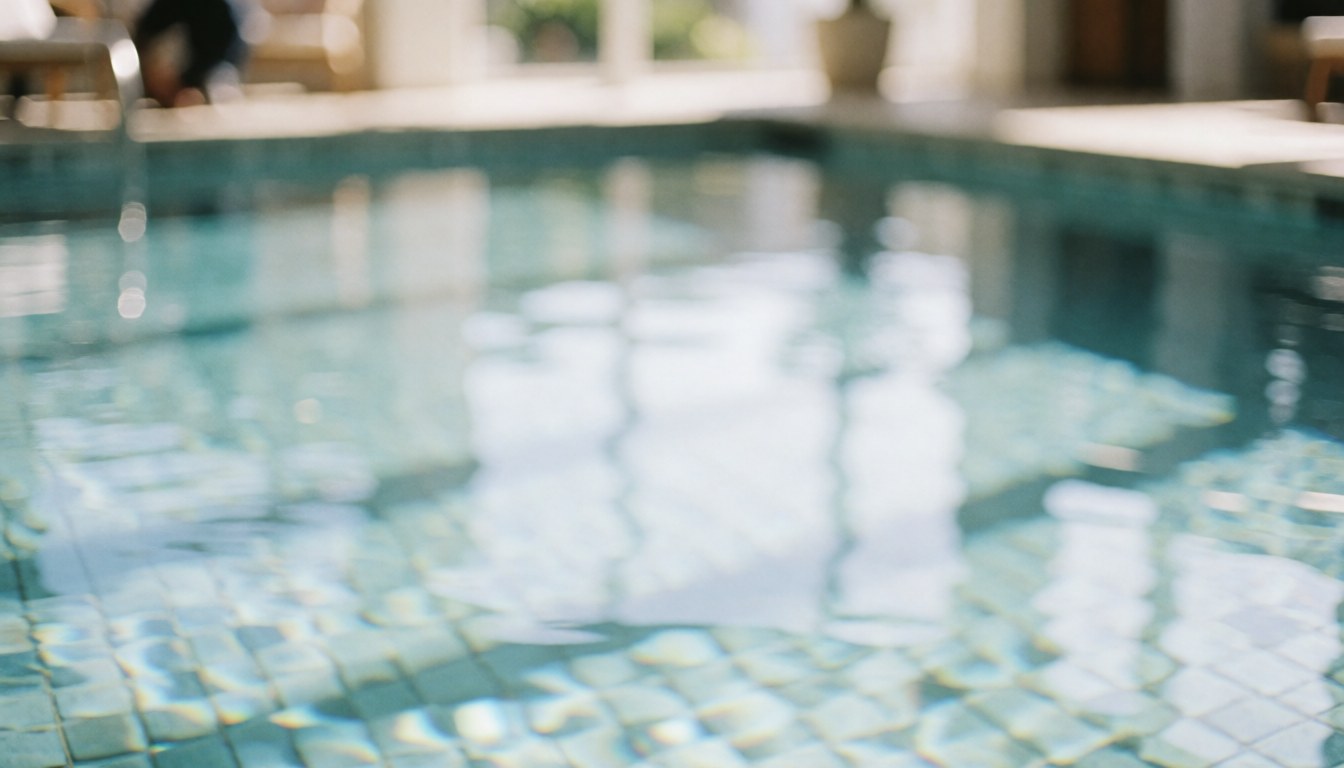 Blurred pool background with tiles and light reflections, ideal for beach service texts and aquatic experiences