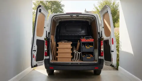 Worker carrying a wooden ladder and tools for staircase installation in a garage with natural light