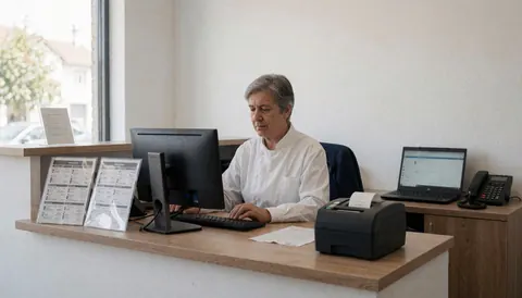 Wooden reception counter in a tire repair shop featuring a computer, printer, and tire catalogs