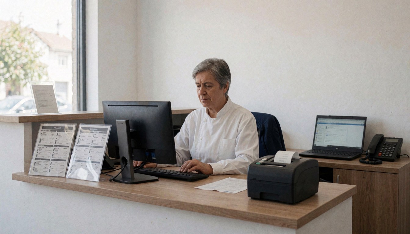 Wooden reception counter in a tire repair shop featuring a computer, printer, and tire catalogs