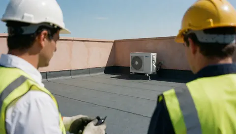 Two technicians wearing helmets and safety vests inspect an air conditioning unit on a flat roof under a blue sky.