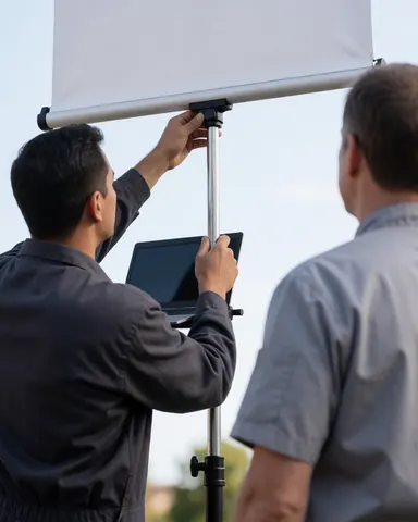 A technician adjusts a large banner on a metal stand outdoors while a client watches the professional printing service installation.