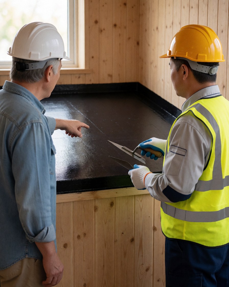 Client and worker inspecting a newly waterproofed black roof with light wood walls and a visible safety helmet
