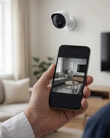 Close-up of a hand holding a smartphone displaying a live security camera feed for home monitoring