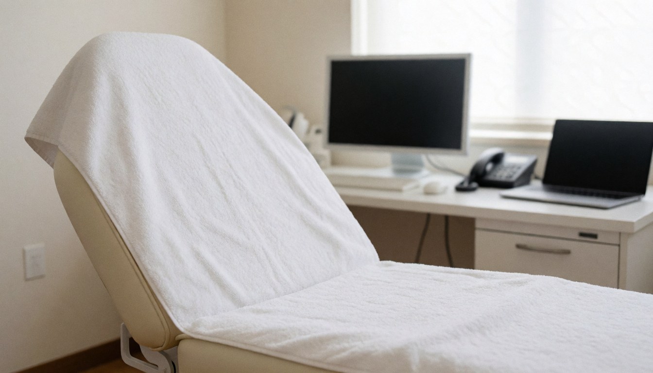 Treatment chair covered with a white towel in a clean, well-lit room, ideal for microblading and aesthetic services