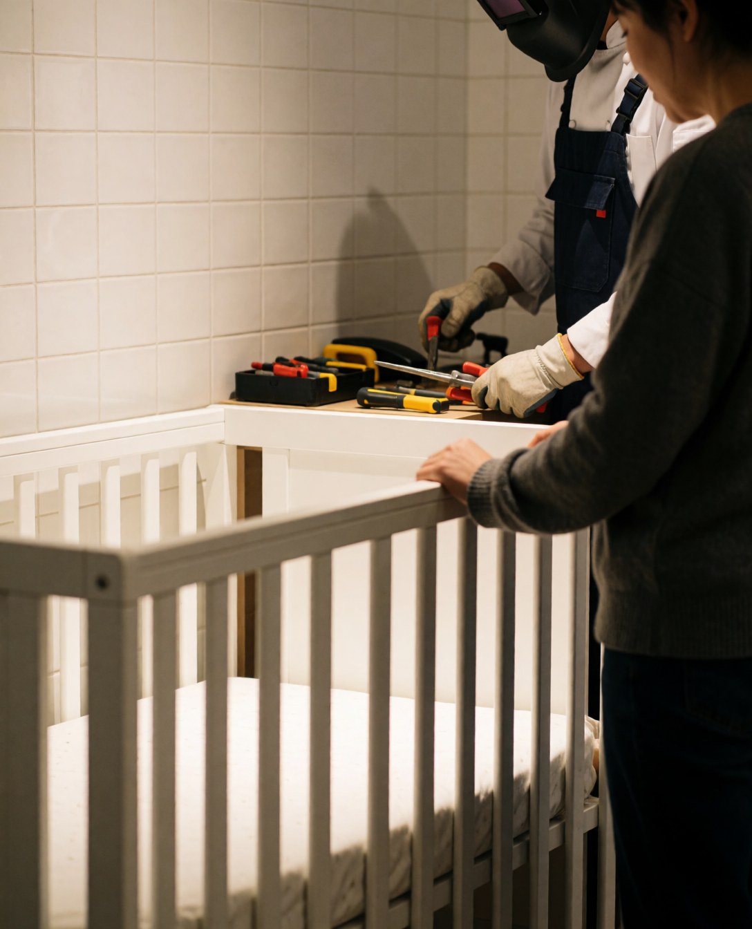 A technician and a father assembling a white crib in a room with white tiled walls and tools resting on the crib.
