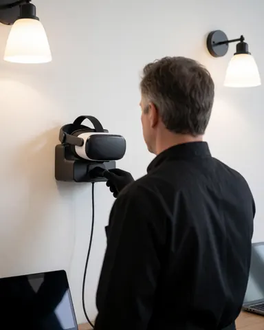 Staff member connects a virtual reality headset to a wall-mounted charger in an entertainment center.