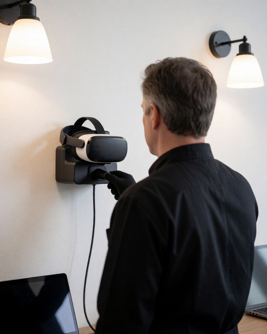 Staff member connects a virtual reality headset to a wall-mounted charger in an entertainment center.