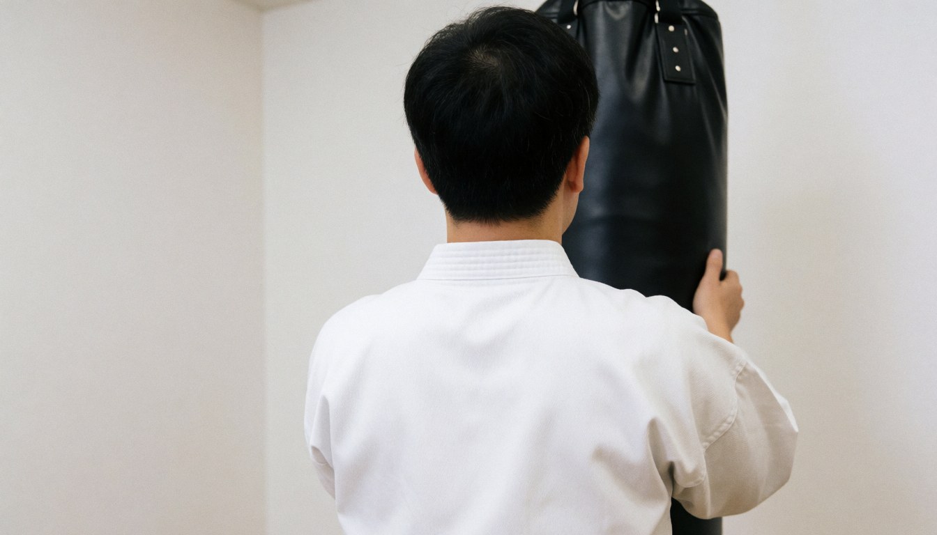 Karate student in white dobok practicing with black punching bag in dojo with white walls