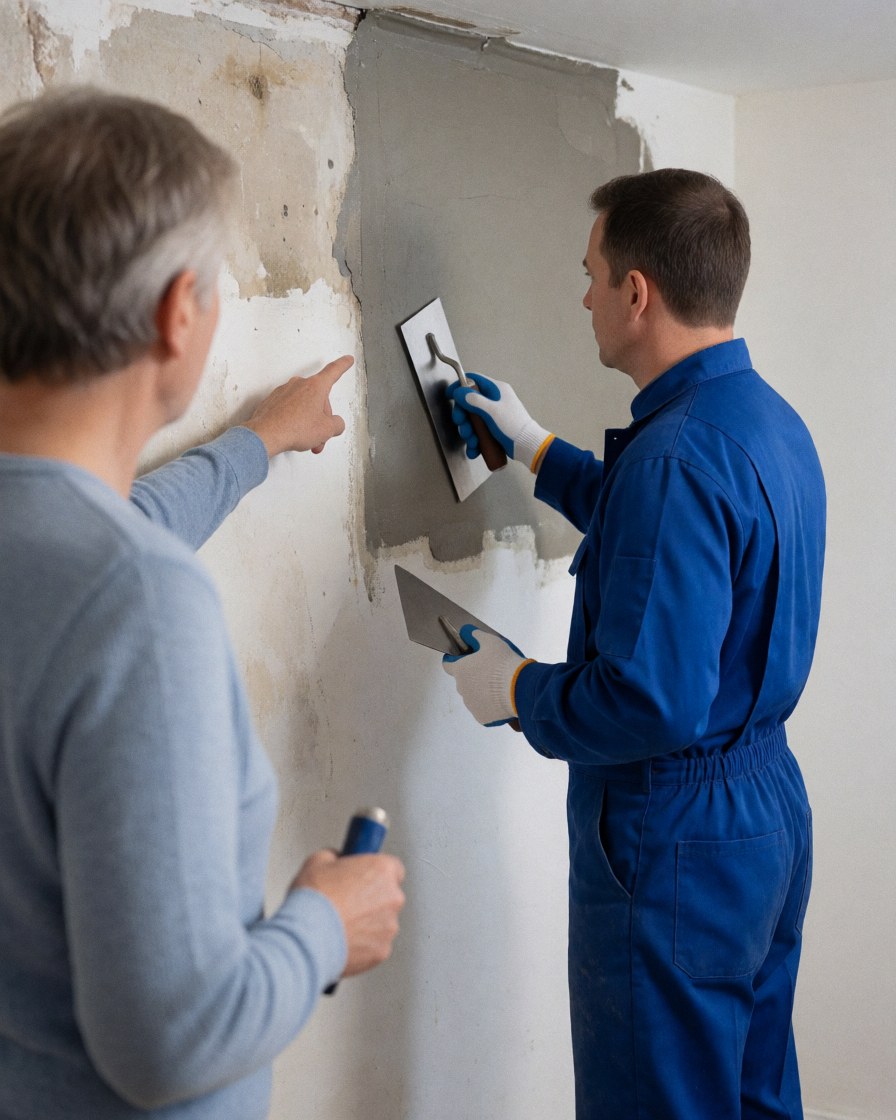 Worker in blue uniform applying waterproofing sealant with a trowel on a damp wall while a client observes and points at the new layer.