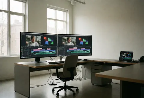 A modern video editing workspace featuring two large monitors, an ergonomic chair, and natural light from windows.