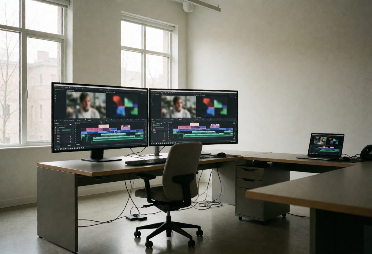 A modern video editing workspace featuring two large monitors, an ergonomic chair, and natural light from windows.