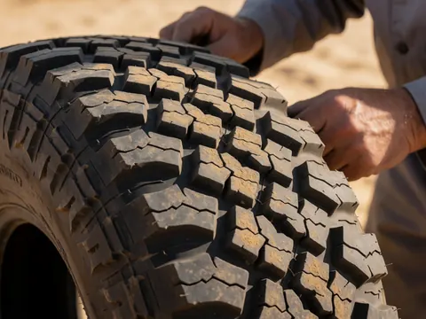 Close-up of an aggressive tread off-road tire resting on sand, highlighting its rugged block design suitable for difficult terrain.