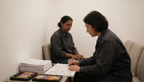 Two people sitting and drawing with crayons at a zoo, with books and crayons on a table, white walls, and a calm atmosphere.