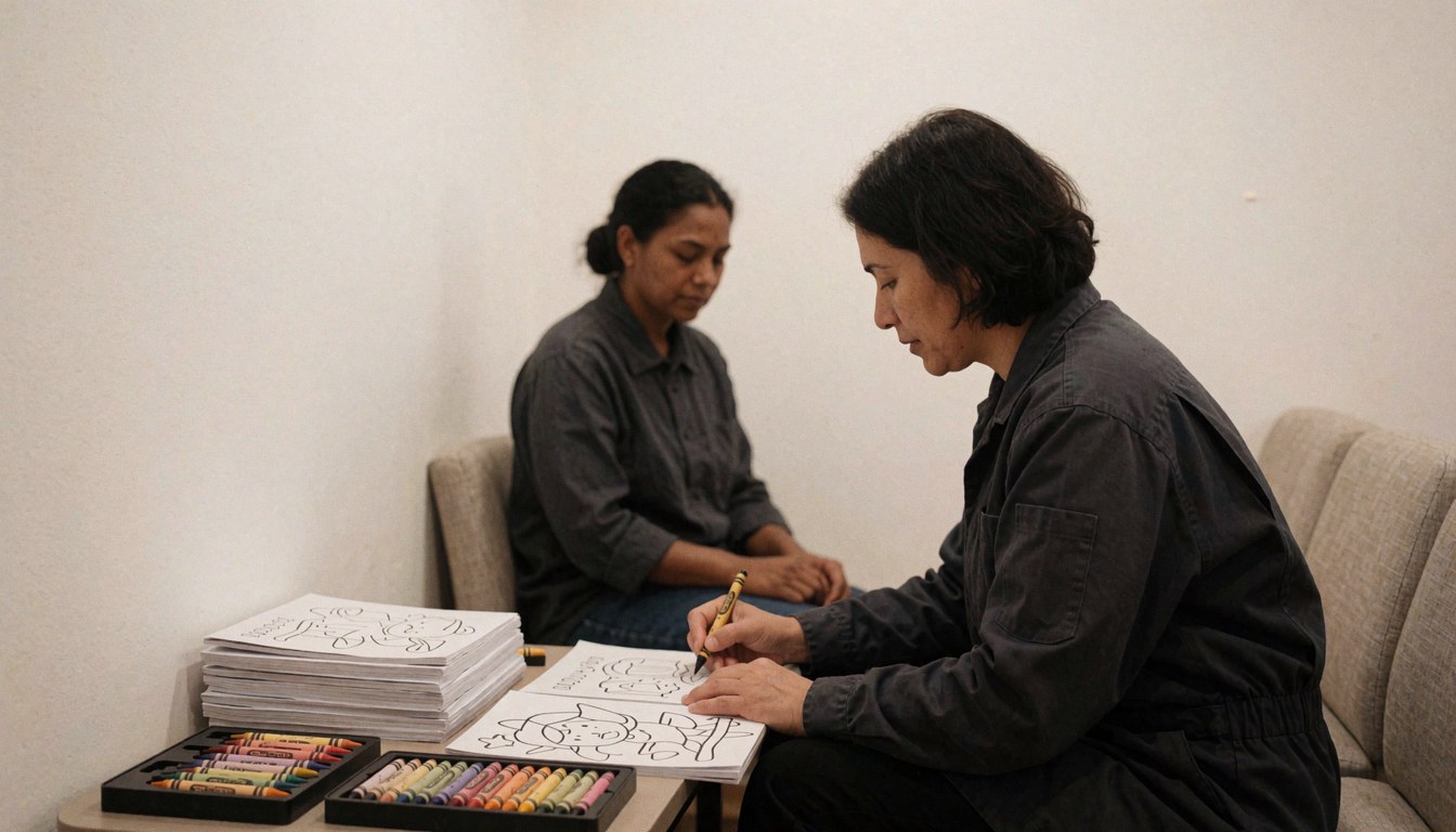 Two people sitting and drawing with crayons at a zoo, with books and crayons on a table, white walls, and a calm atmosphere.