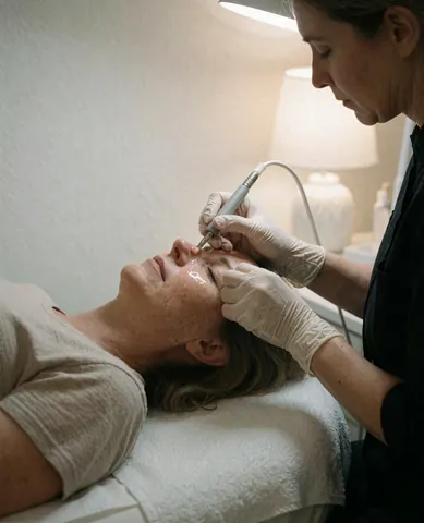 Esthetician wearing gloves uses a tool to extract acne from a client's nose on a treatment table with a work light and white background.