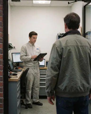 A technician in uniform uses a tablet while attending to a customer in a battery repair shop with white walls and visible equipment.