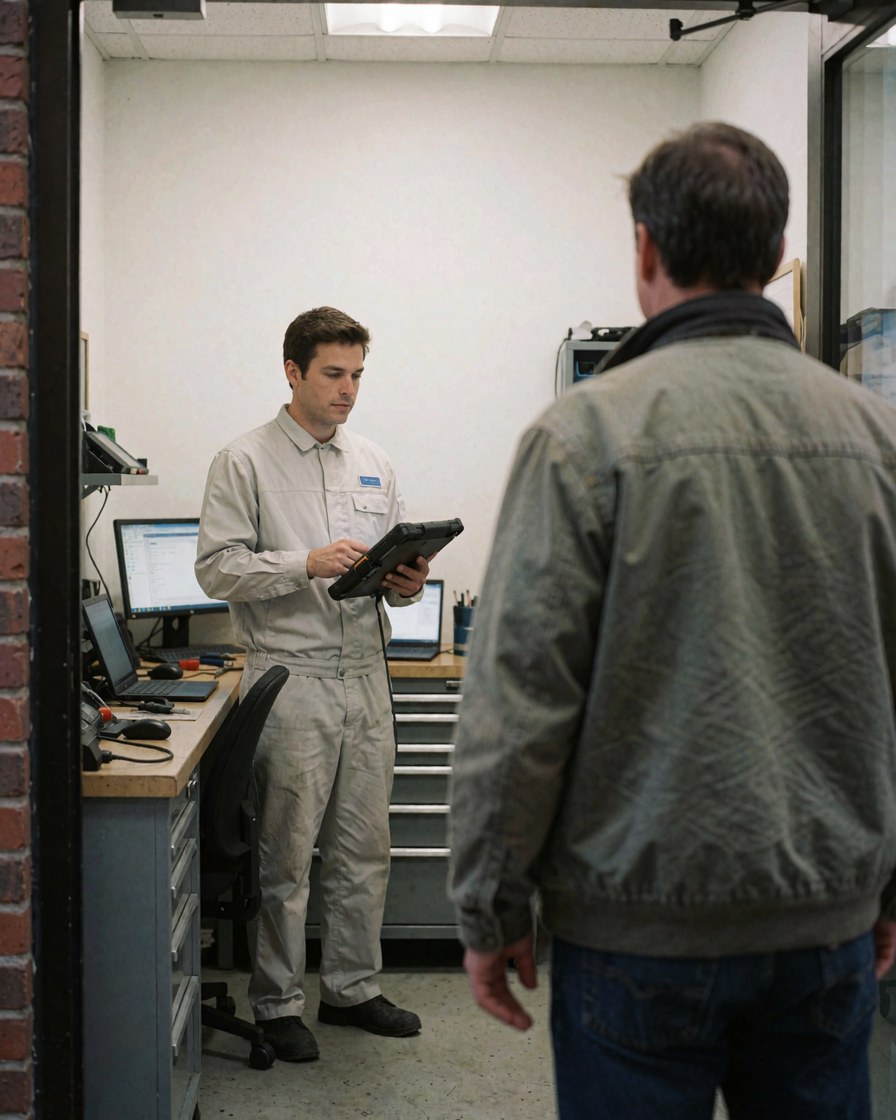 A technician in uniform uses a tablet while attending to a customer in a battery repair shop with white walls and visible equipment.