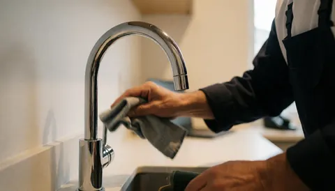 A professional cleaner wiping a shiny chrome faucet in a kitchen with a white wall background to demonstrate cleaning services.