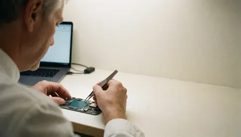 Technician repairing a mobile phone with tweezers on a clean table against a white wall with copy space