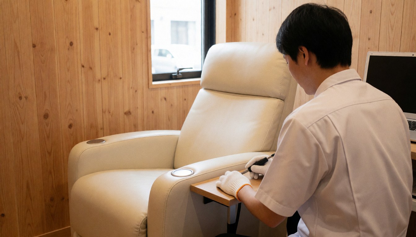 Technician wearing gloves adjusts a tool on a white reclining chair in a clean, professional lash salon with natural light and wood walls