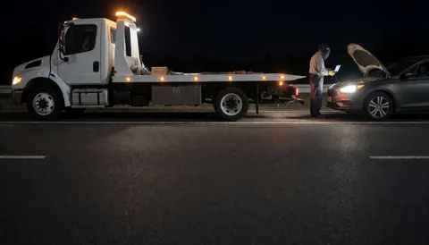 Tow truck worker checking a car with open hood on dark road, lit by vehicle lights, with copy space on asphalt