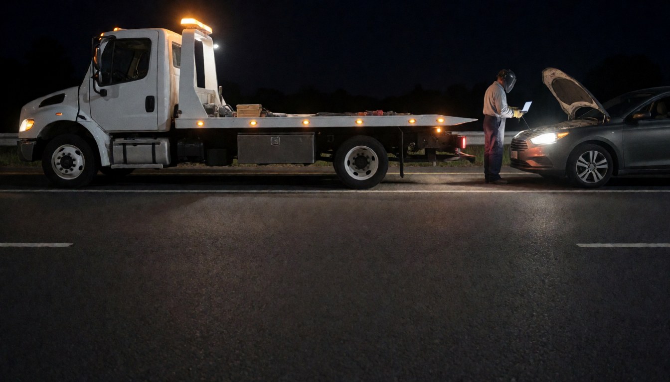 Tow truck worker checking a car with open hood on dark road, lit by vehicle lights, with copy space on asphalt
