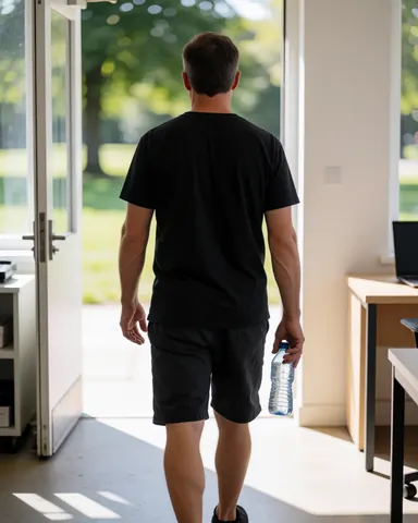A man seen from behind walking towards a bright door while holding a water bottle in a clean modern interior space.