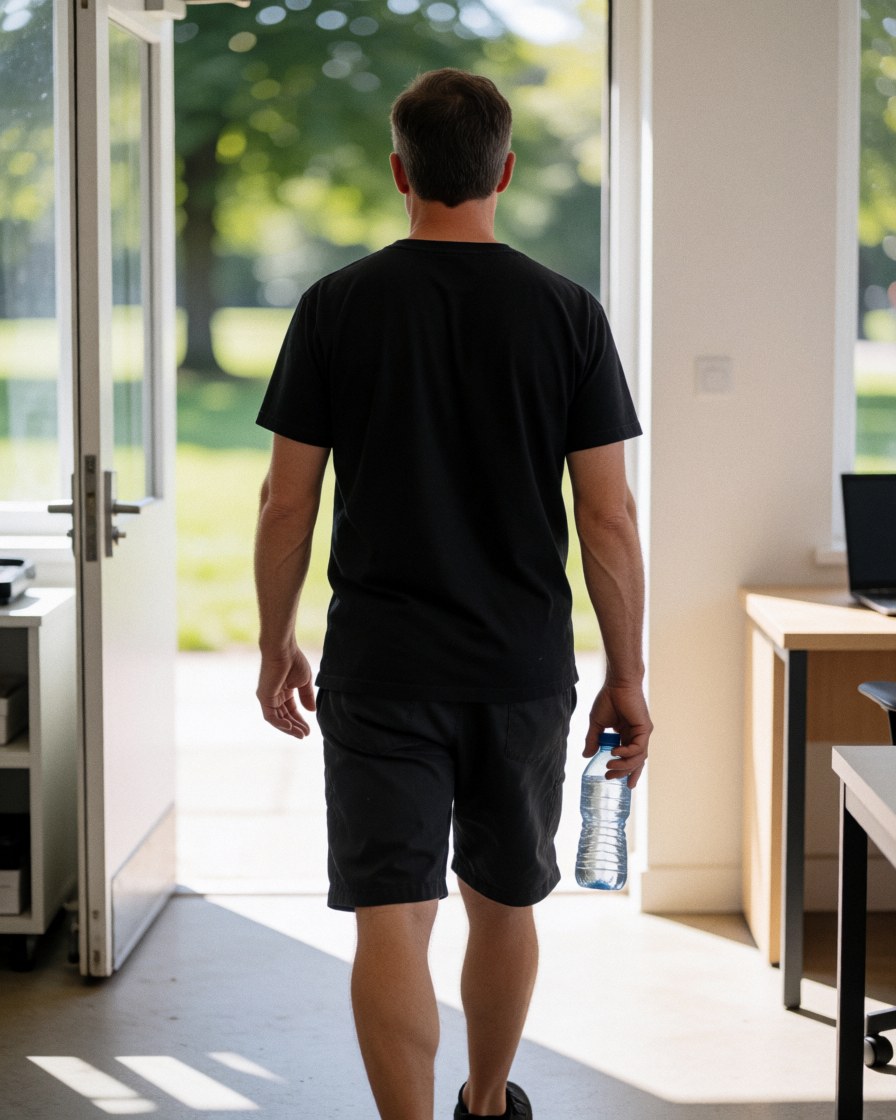 A man seen from behind walking towards a bright door while holding a water bottle in a clean modern interior space.