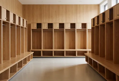 Public locker room featuring wooden lockers, benches, paneled walls, polished floor, and natural light from a window