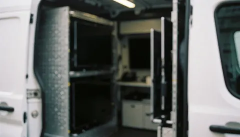 Interior view of a television repair service van showing multiple televisions mounted on racks with a blurred background suitable for text overlay
