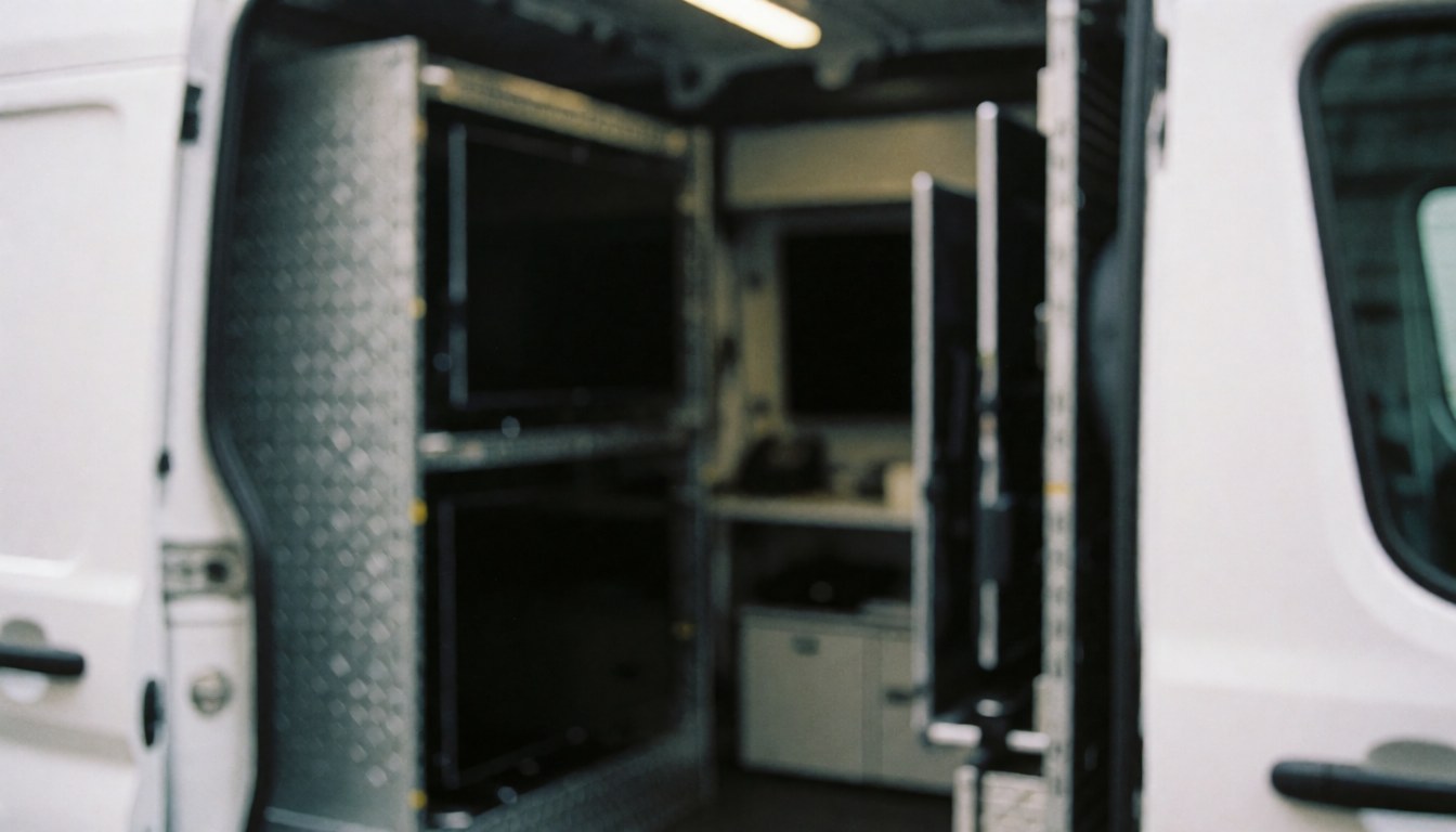 Interior view of a television repair service van showing multiple televisions mounted on racks with a blurred background suitable for text overlay