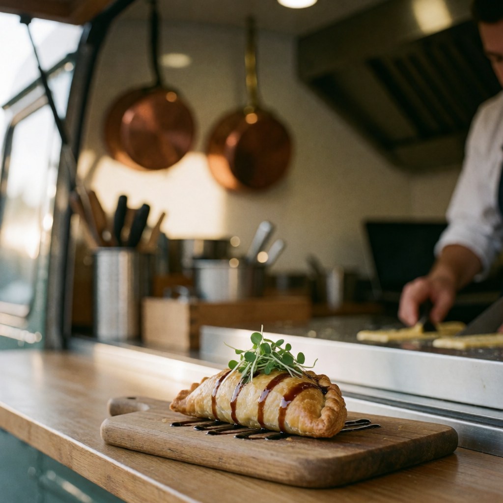 Golden cheese empanada topped with microgreens and balsamic glaze on a wooden board inside a modern food truck with hanging copper pots