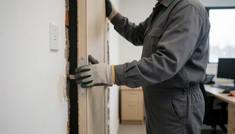 Professional installer secures a door frame into a wall opening using gloves and mounting tools for a door installation service