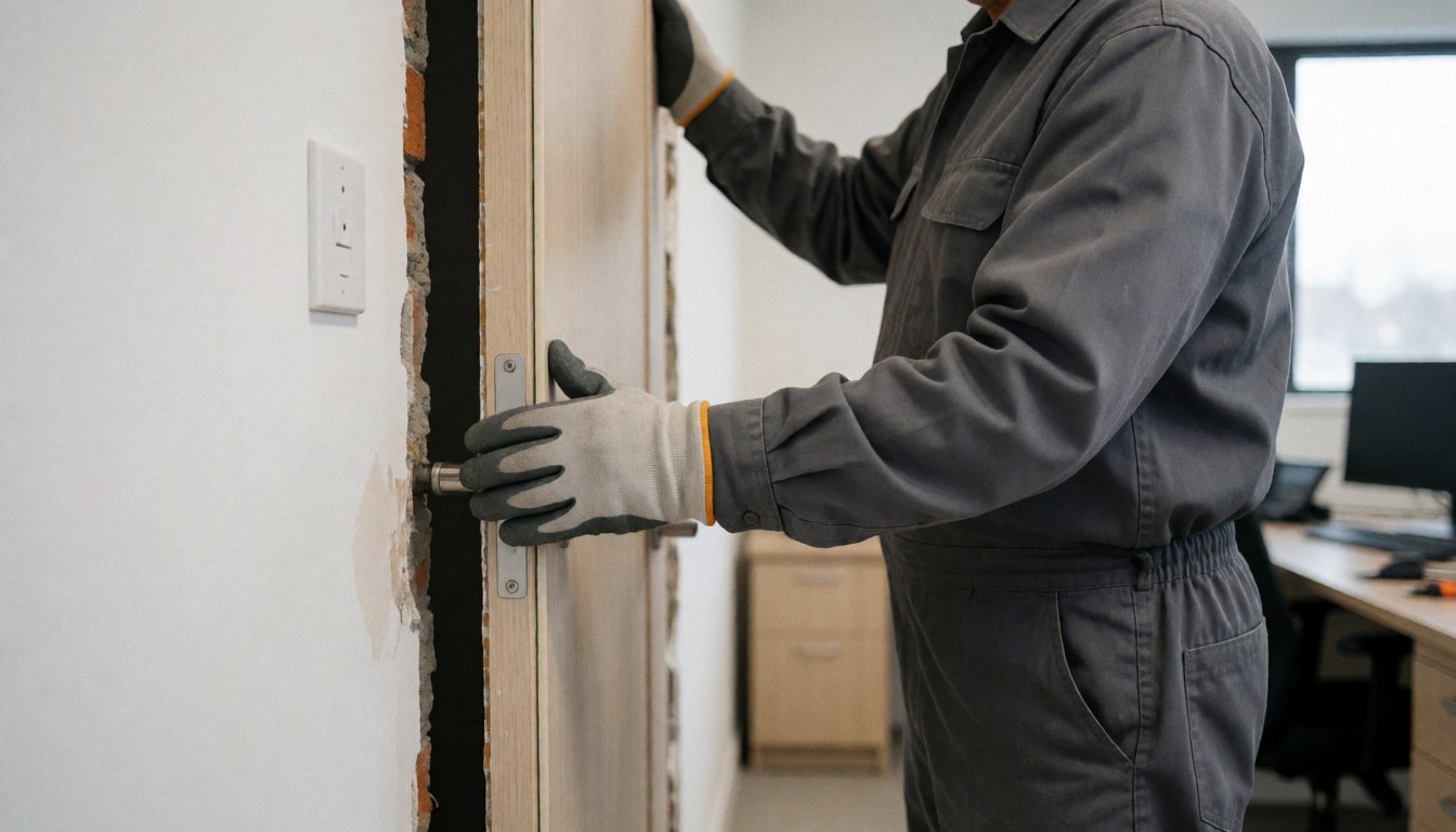 Professional installer secures a door frame into a wall opening using gloves and mounting tools for a door installation service
