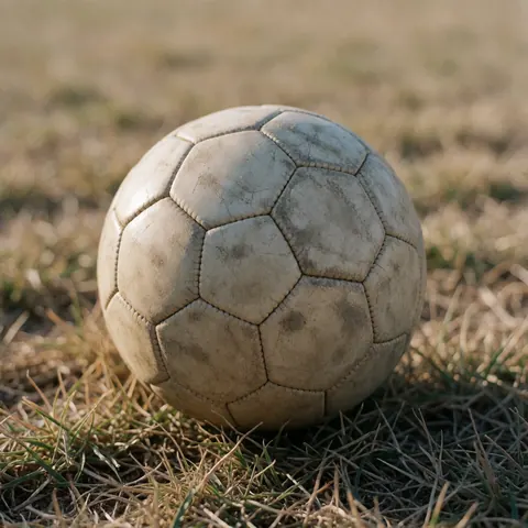 Worn soccer ball resting on dry grass under sunset light, suitable for soccer coach product imagery