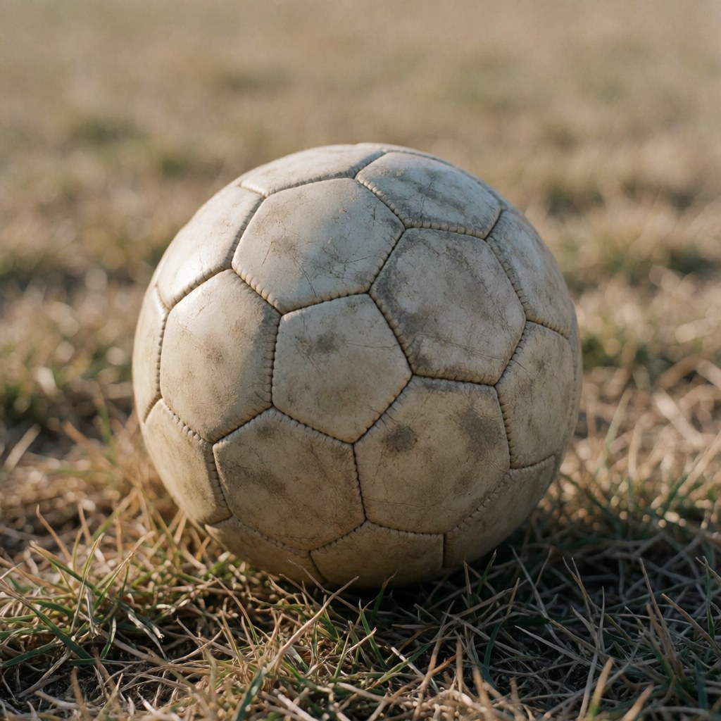 Worn soccer ball resting on dry grass under sunset light, suitable for soccer coach product imagery