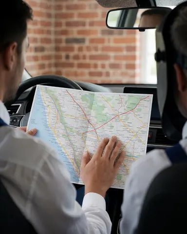 A ride-hailing driver and a happy customer review a printed map inside a vehicle with a brick wall background.